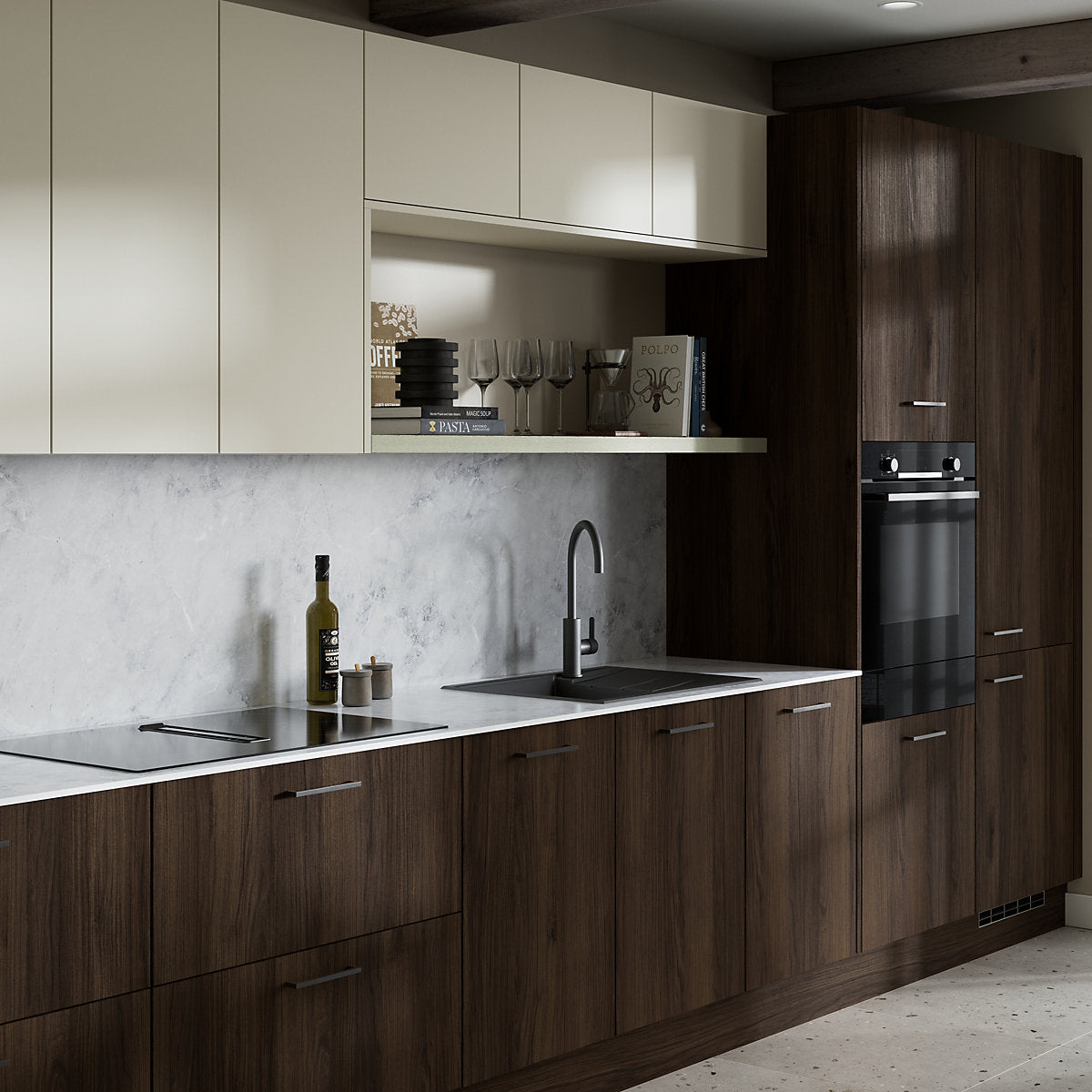 GoodHome Rivero Matt walnut effect Standard Clad on base panel (H)715mm (W)595mm