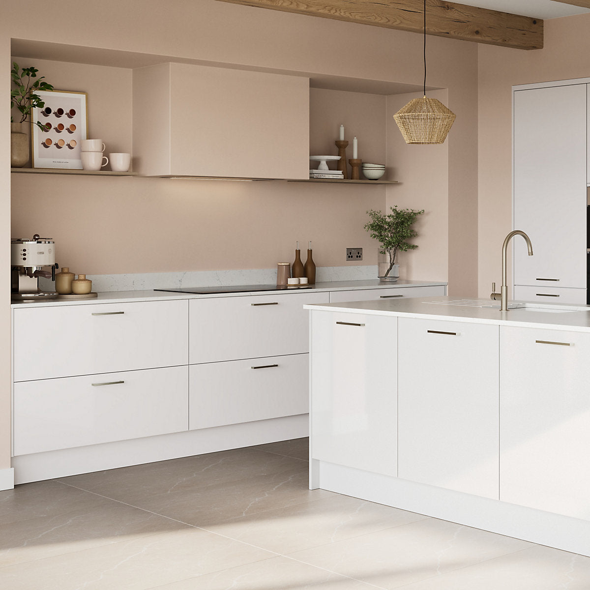 GoodHome Stevia & Garcinia Gloss white slab Standard Wall Clad on end panel (H)960mm (W)360mm