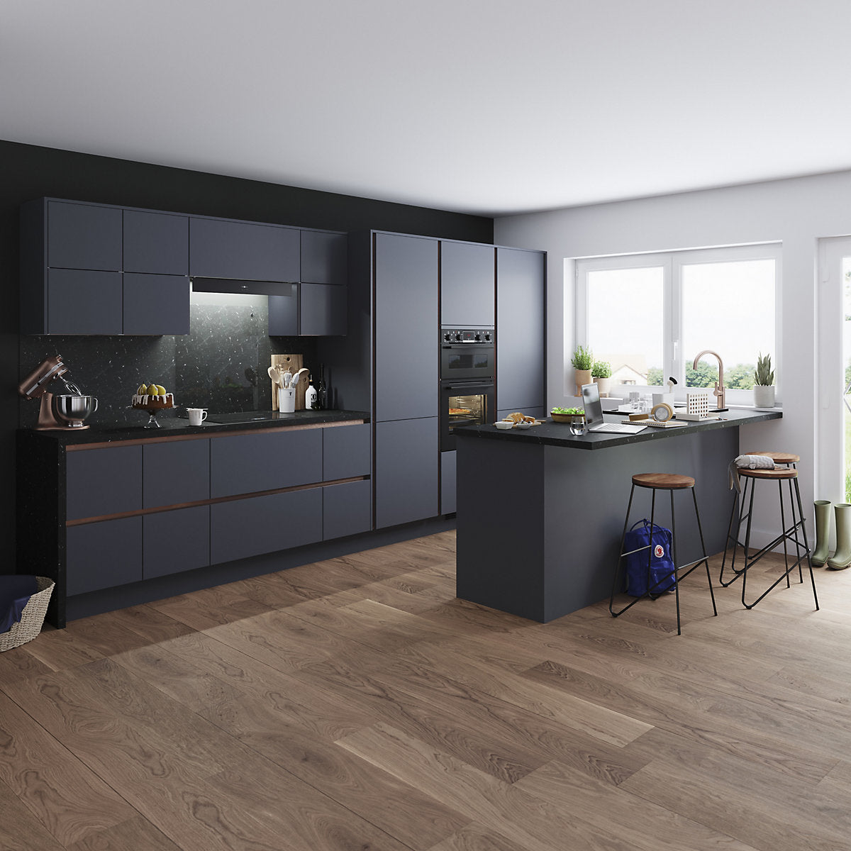 GoodHome Stevia Matt blue Slab 2 drawer front, bridging door & bi-fold door 1000mm