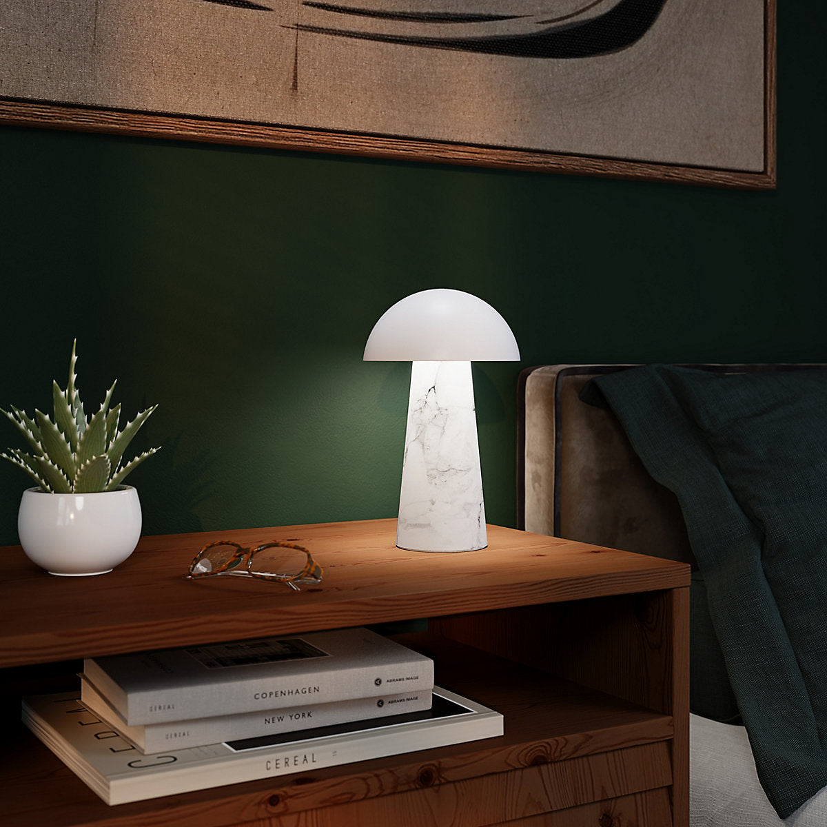 GoodHome Varitas Round Gloss White Marble effect Integrated LED Table lamp