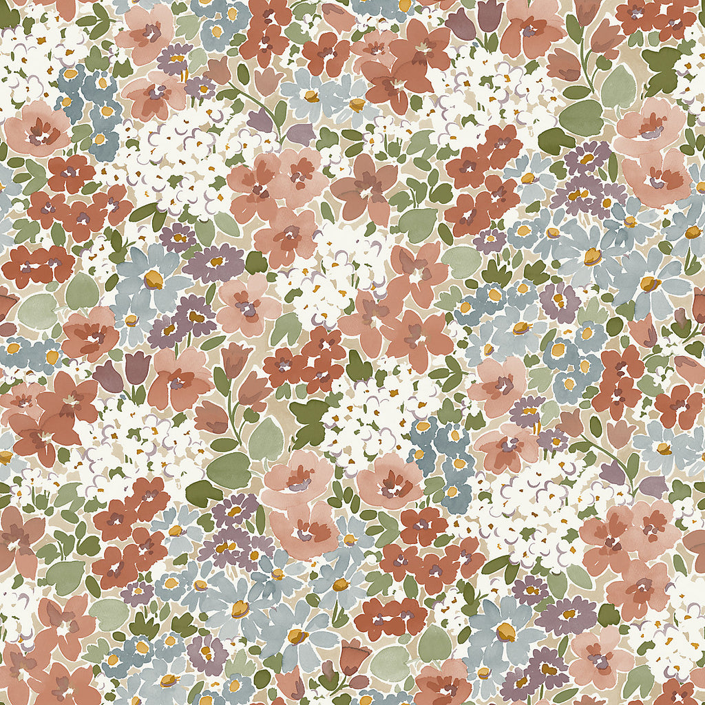 Grandeco Rust & Blue Flower Garden Natural Smooth Wallpaper