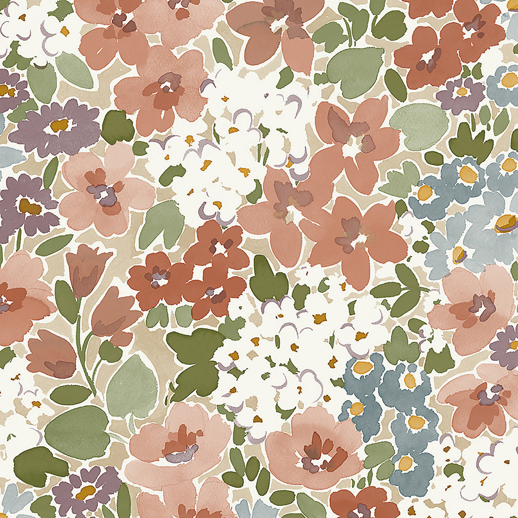 Grandeco Rust & Blue Flower Garden Natural Smooth Wallpaper