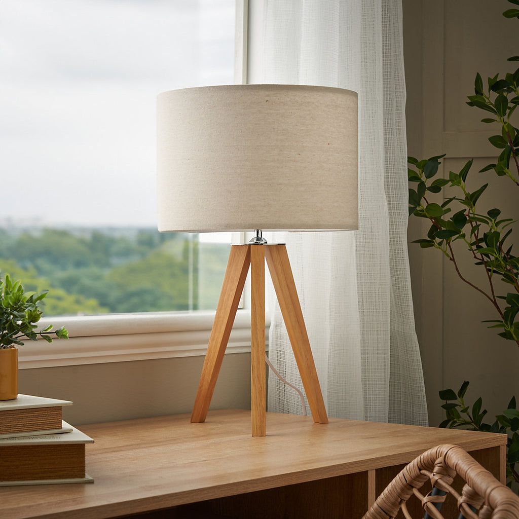 Inlight Aruna Tripod Matt White & Natual Wood effect Table lamp