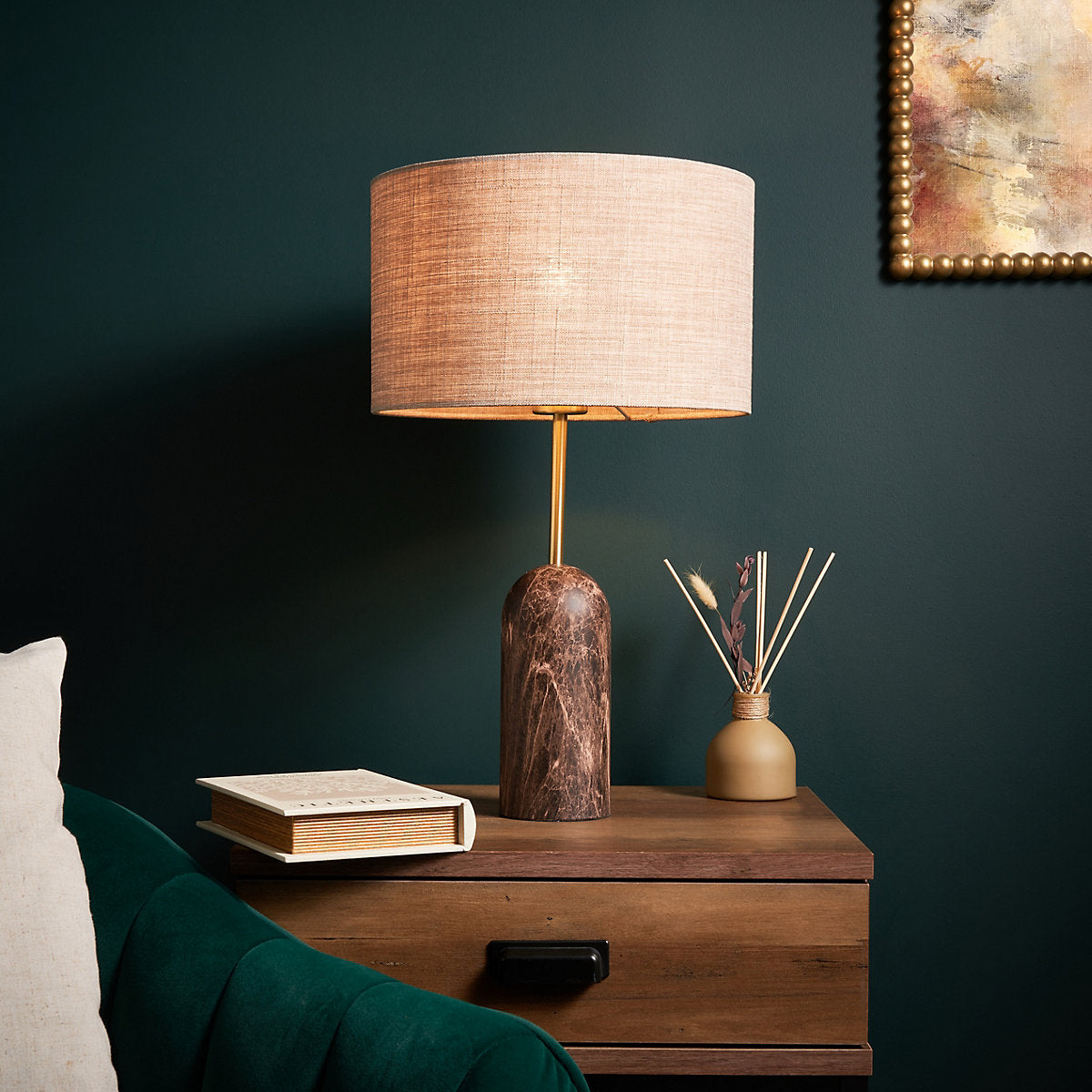 Inlight Mascardi Round Printed Matt Brown & Natural Marble effect Table lamp