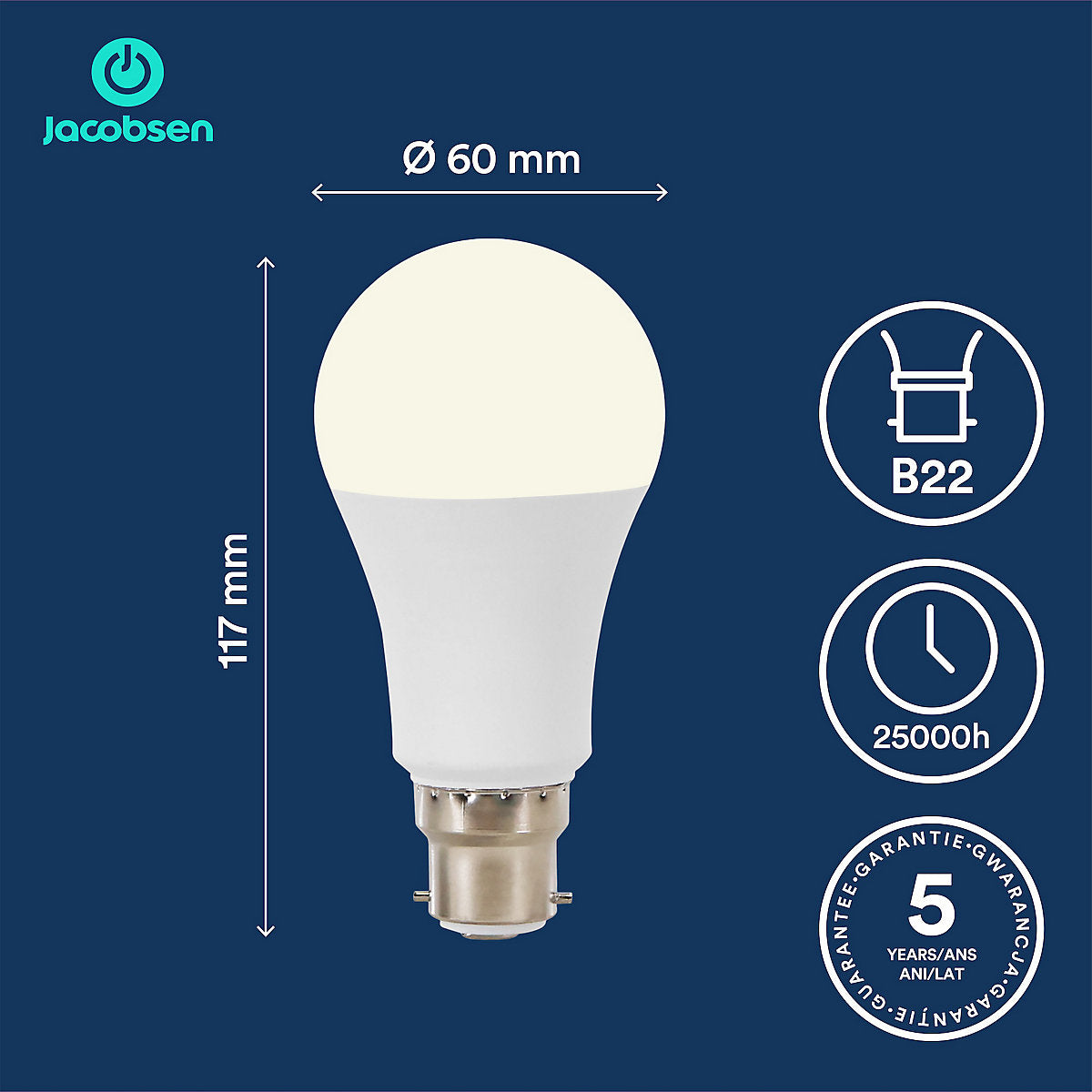 Jacobsen 11.2W 1521lm 220° A60 Cool white LED Dimmable Light bulb, Pack of 2