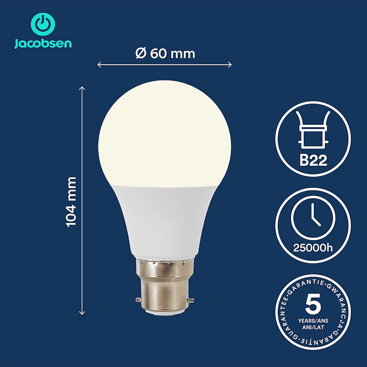 Jacobsen 5.9W 806lm 240° A60 Cool white LED Dimmable Light bulb, Pack of 4