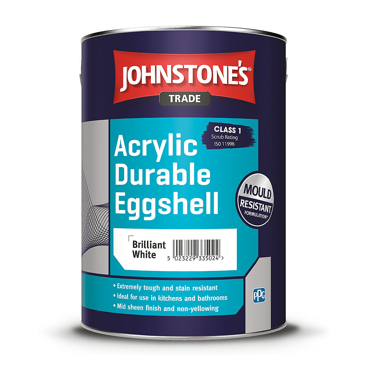 Johnstone's Trade Acrylic Durable Brilliant White Eggshell Interior Multi-surface Paint, 5L