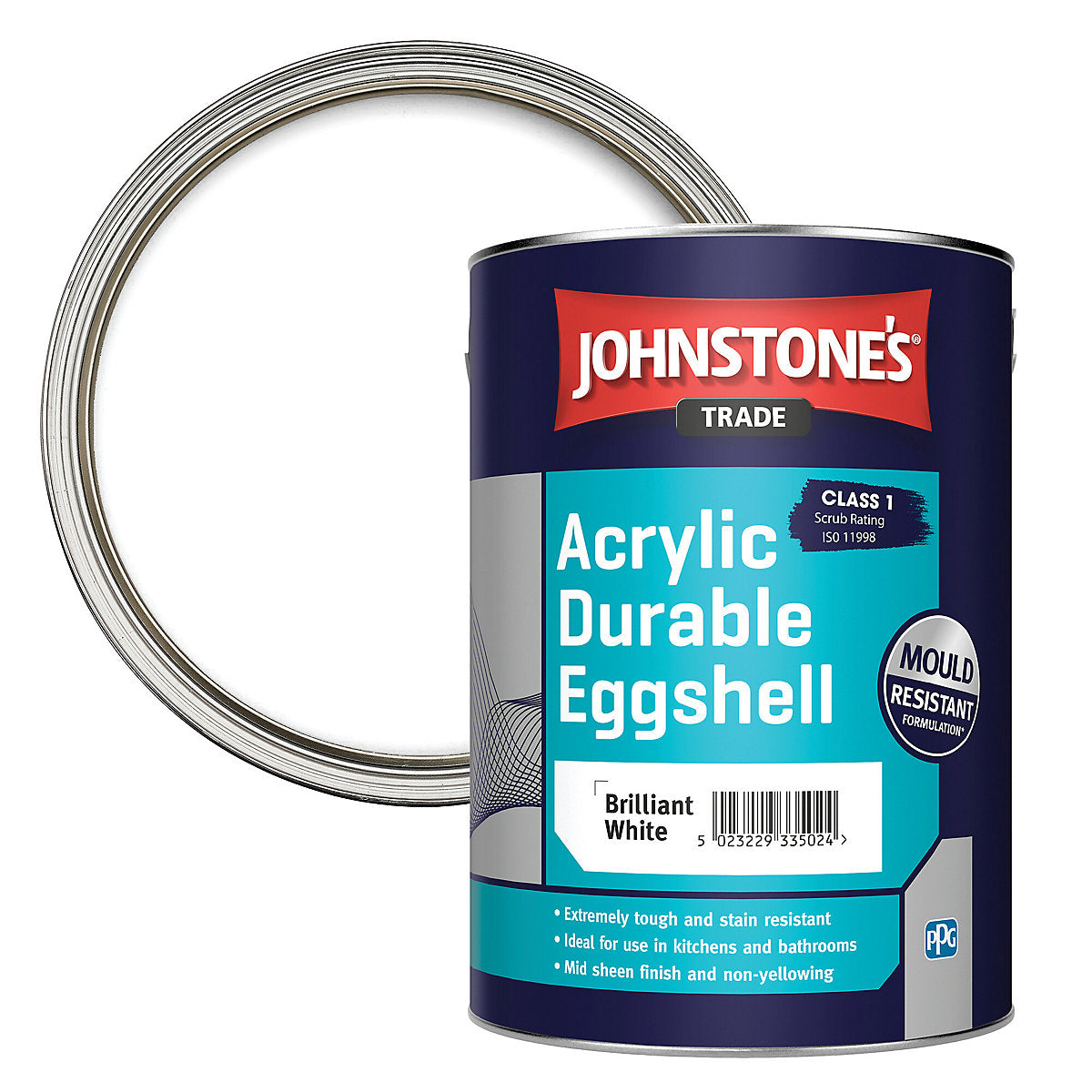 Johnstone's Trade Acrylic Durable Brilliant White Eggshell Interior Multi-surface Paint, 5L