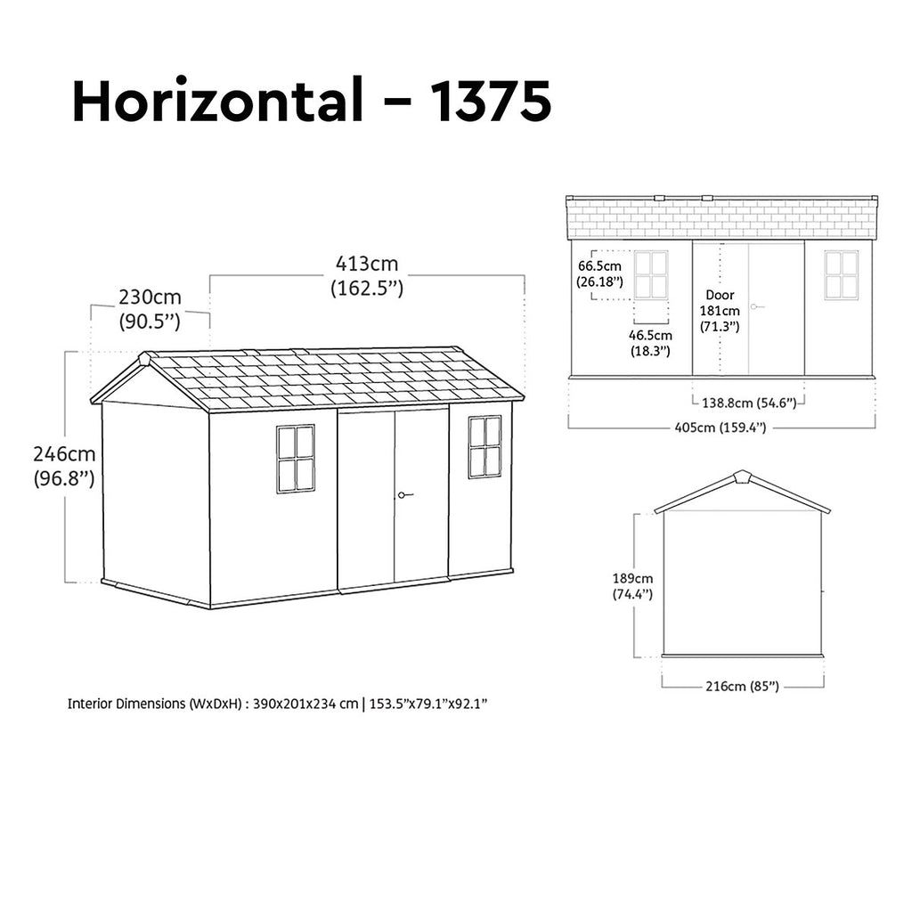 Keter Newton Plus Horizontal 13x7.5 ft Apex Grey Plastic 2 door Shed with floor & 2 windows (Base included)