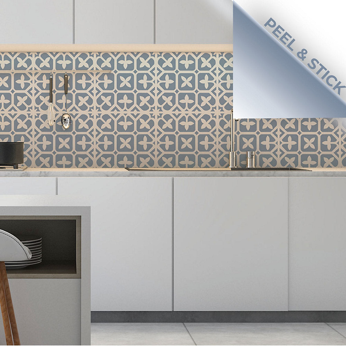Kraus Crosshaven Blue & white Patterned Mosaic effect Self-adhesive Vinyl tile, 0.93m²