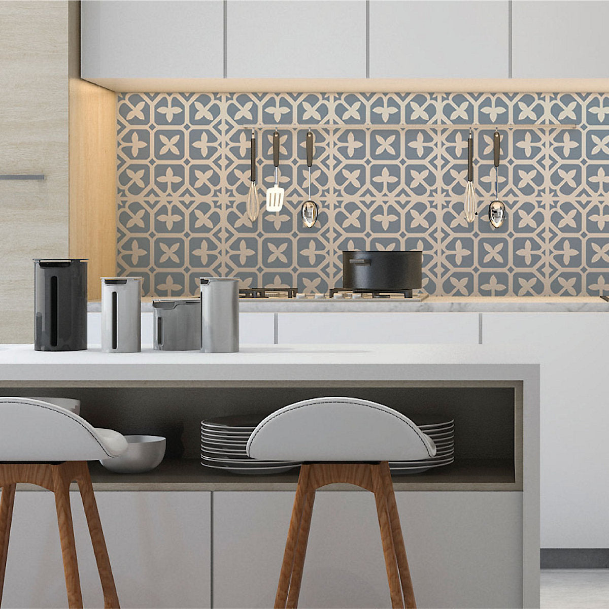 Kraus Crosshaven Blue & white Patterned Mosaic effect Self-adhesive Vinyl tile, 0.93m²