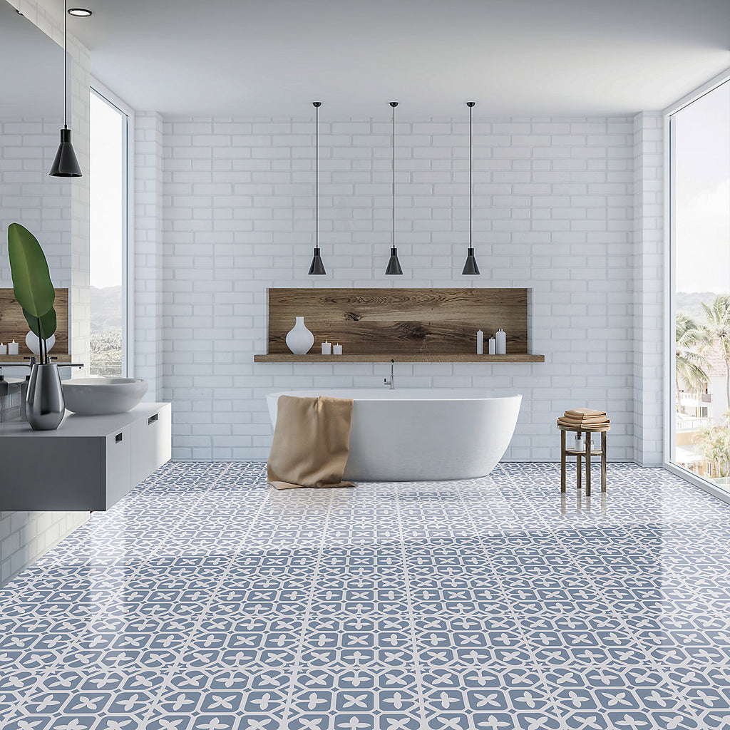 Kraus Crosshaven Blue & white Patterned Mosaic effect Self-adhesive Vinyl tile, 0.93m²