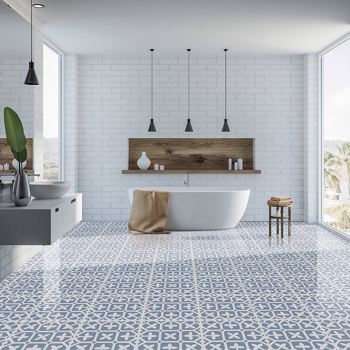 Kraus Crosshaven Blue & white Patterned Mosaic effect Self-adhesive Vinyl tile, 0.93m²