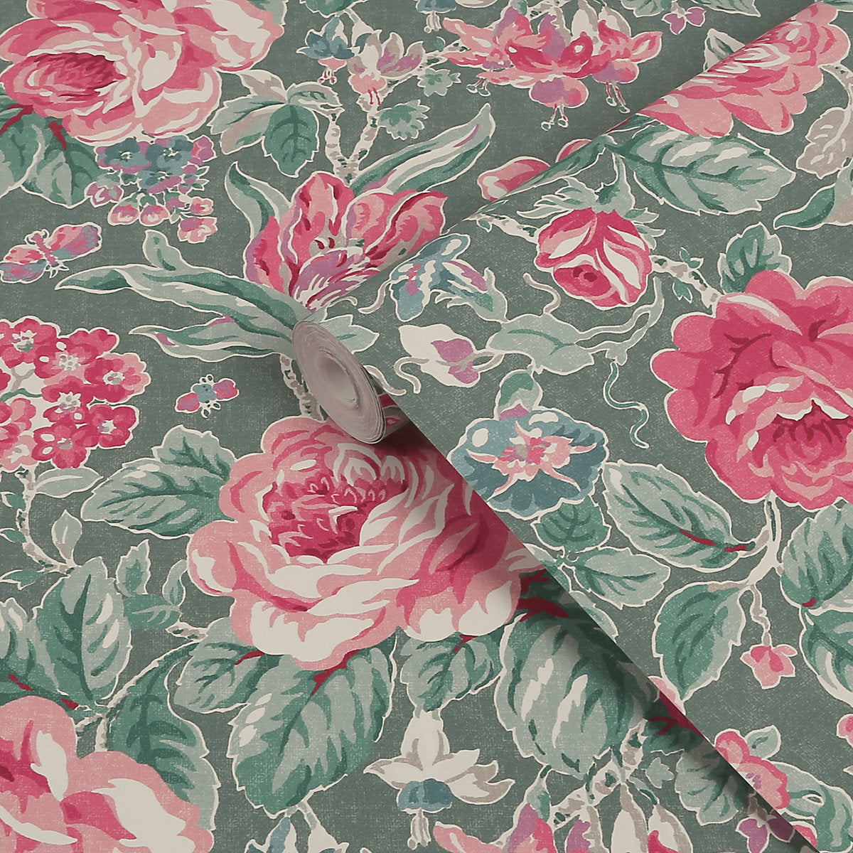 Laura Ashley Fern Green & Pink Wild Roses Patterned Smooth Wallpaper