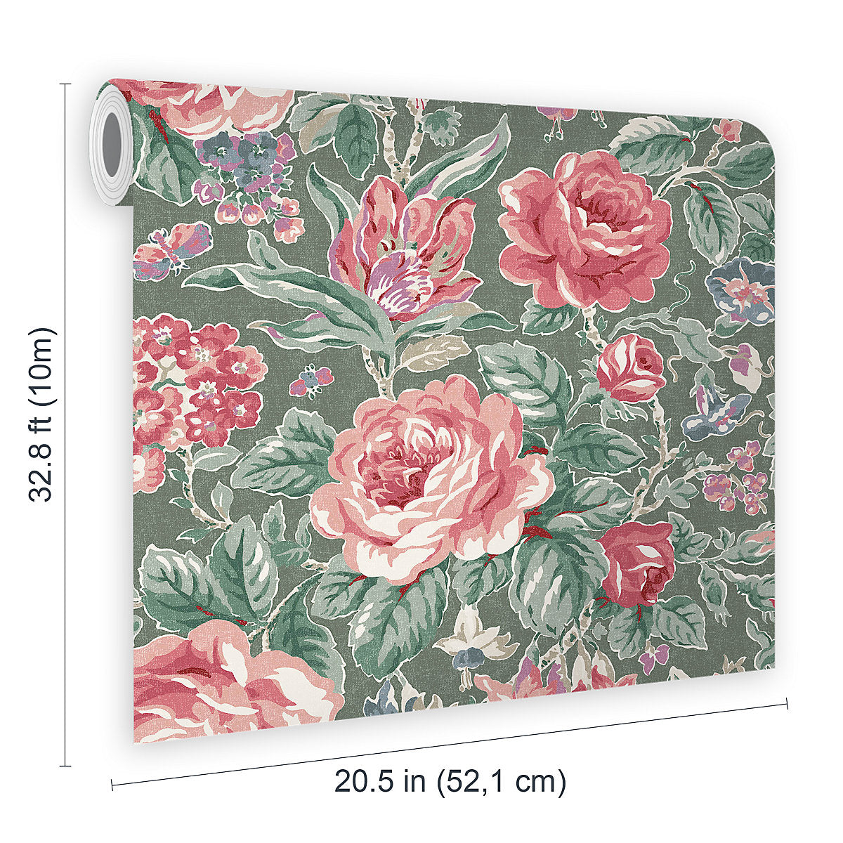 Laura Ashley Fern Green & Pink Wild Roses Patterned Smooth Wallpaper