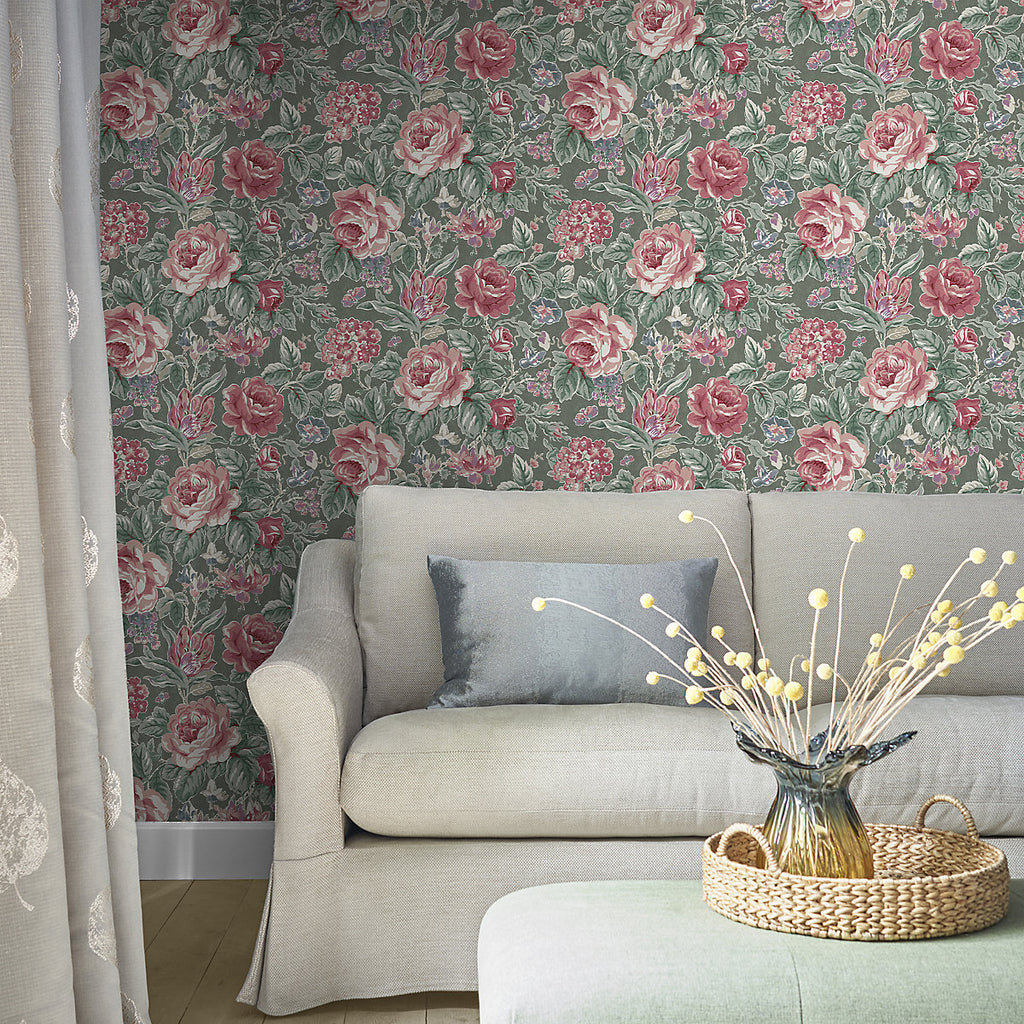 Laura Ashley Fern Green & Pink Wild Roses Patterned Smooth Wallpaper