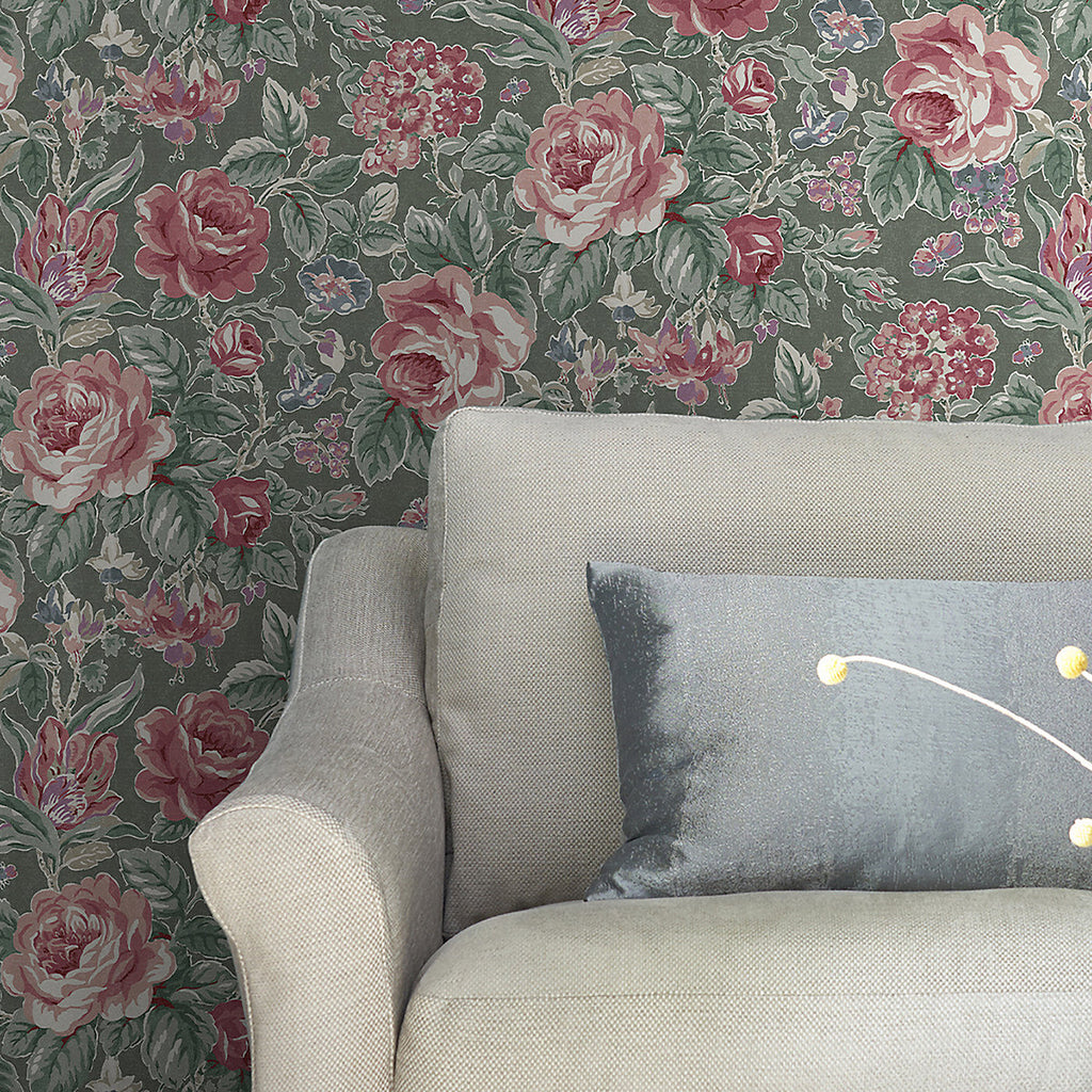 Laura Ashley Fern Green & Pink Wild Roses Patterned Smooth Wallpaper