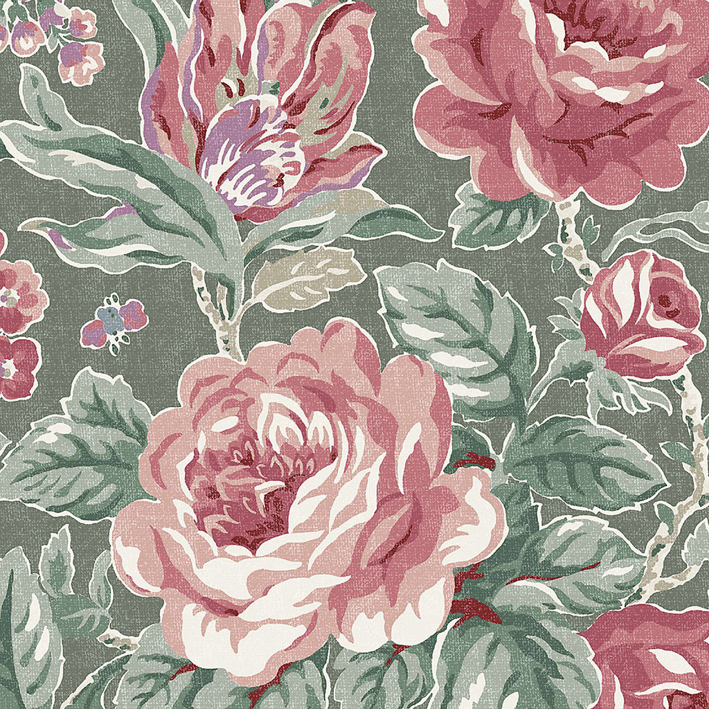 Laura Ashley Fern Green & Pink Wild Roses Patterned Smooth Wallpaper