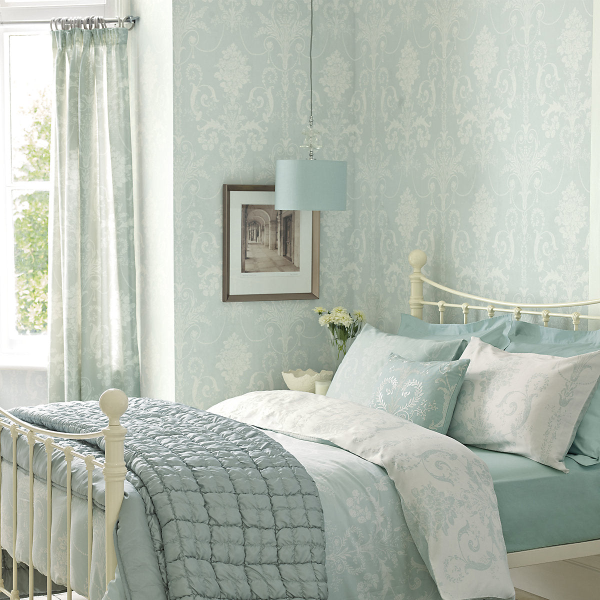 Laura Ashley Josette Duck egg Damask Smooth Wallpaper Sample