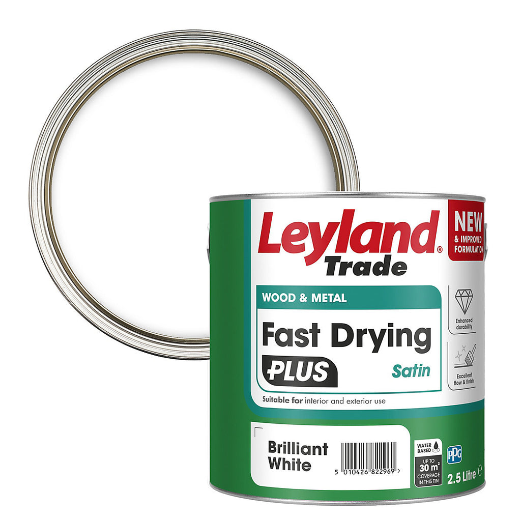 Leyland Trade Fast Dry Plus Brilliant White Satin Metal & wood paint, 2.5L