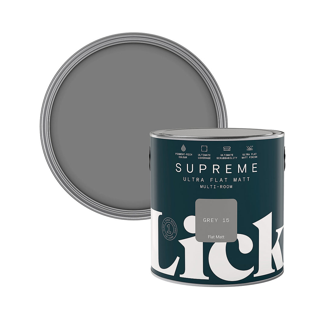 Lick Supreme Grey 15 Flat matt Multi-surface Emulsion paint, 2.5L