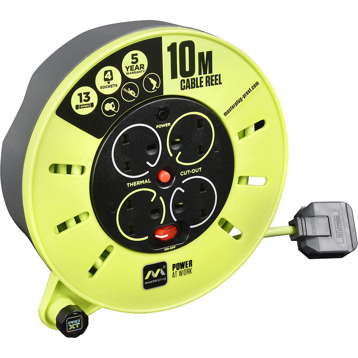 Masterplug 4 socket Green & grey Indoor Cable reel, 10m