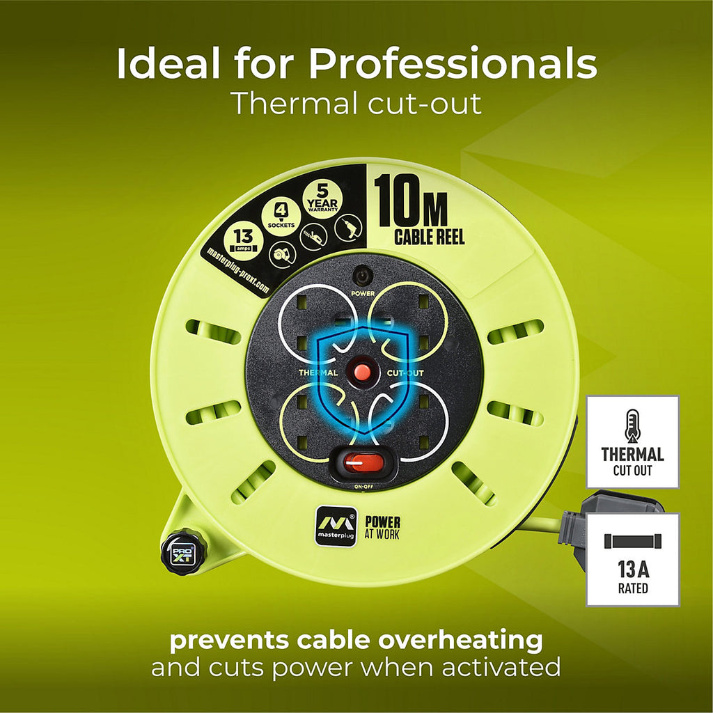 Masterplug 4 socket Green & grey Indoor Cable reel, 10m