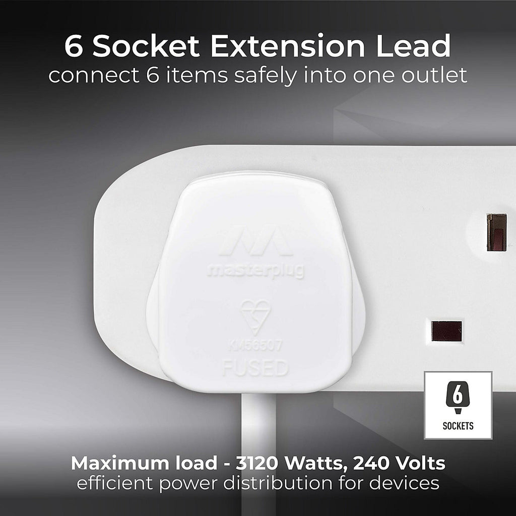 Masterplug BSG1N-BD 6 socket 13A White Extension lead, 1m