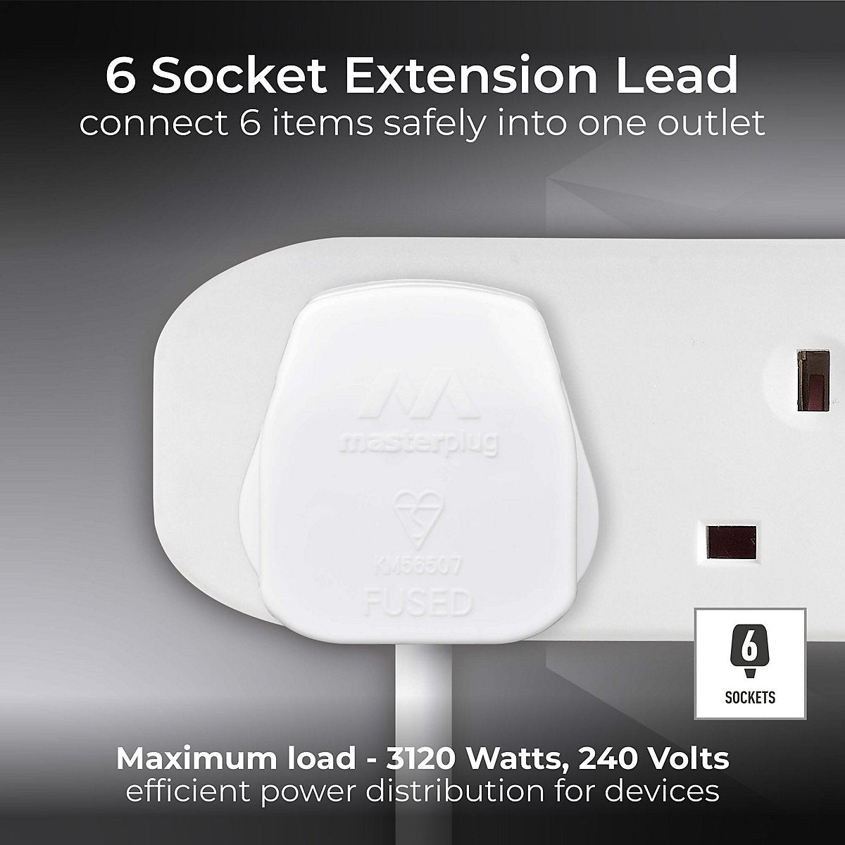 Masterplug BSG1N-BD 6 socket 13A White Extension lead, 1m