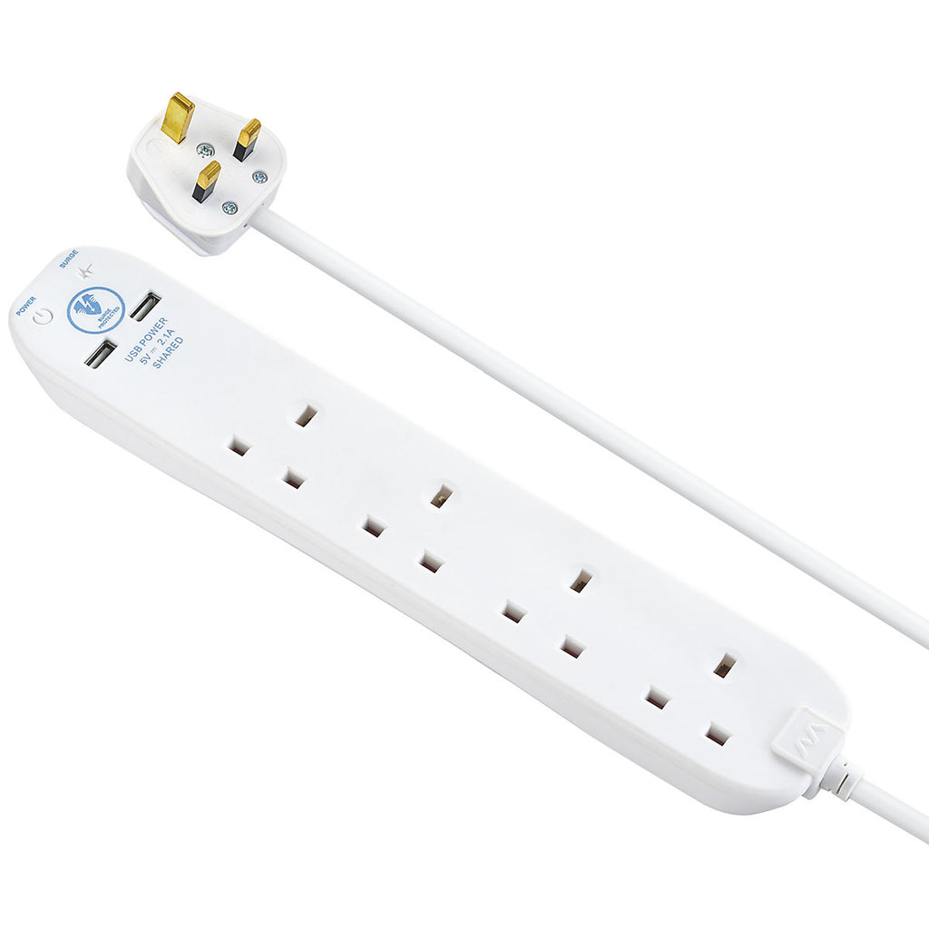 Masterplug Surge White 13A 4 socket Extension lead with USB, 1m