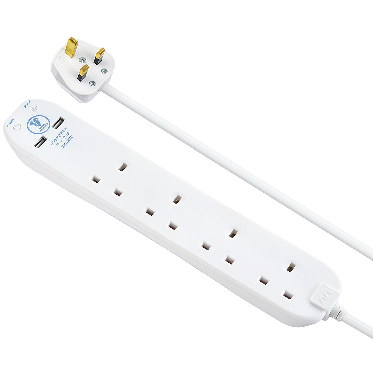 Masterplug Surge White 13A 4 socket Extension lead with USB, 1m