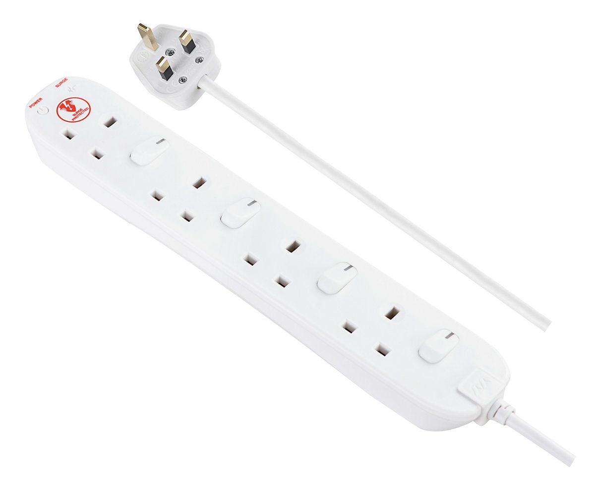 Masterplug SWSRG4210N-BD 4 socket 13A Switched Surge protected White Extension lead, 2m