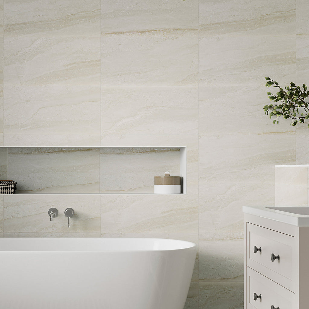 Olivia Beige Matt Stone effect Ceramic Indoor Wall tile, Pack of 8, (L)600mm (W)300mm