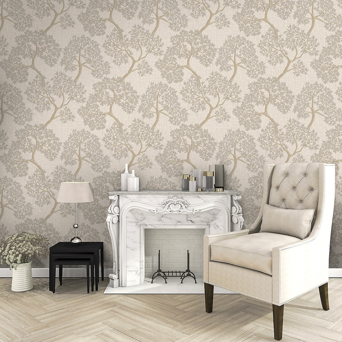 Opus Ravello Beige Tree Metallic effect Contemporary Embossed Wallpaper