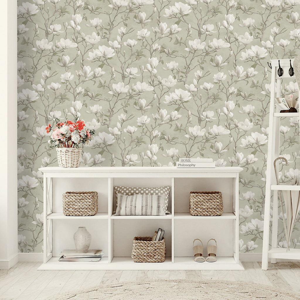 Opus Sage & White Petalina Floral Patterned Embossed Wallpaper