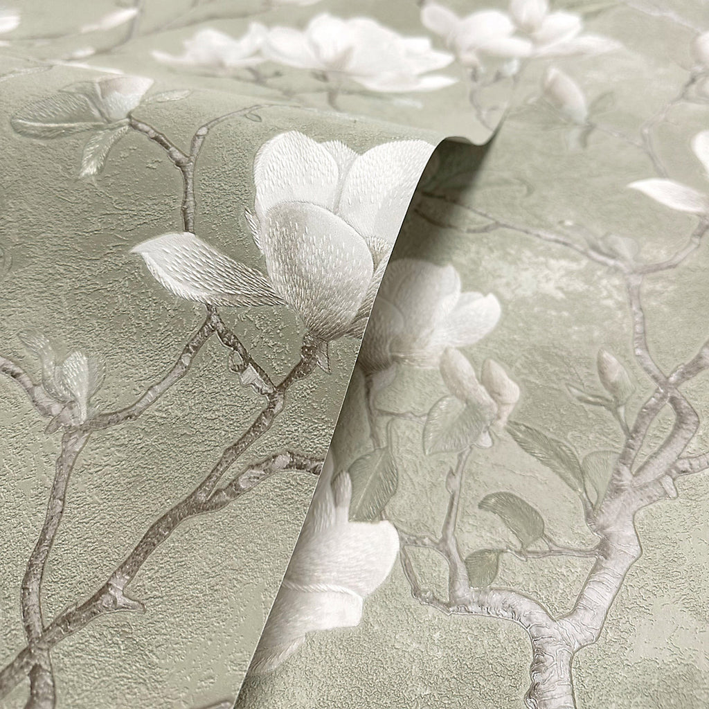 Opus Sage & White Petalina Floral Patterned Embossed Wallpaper