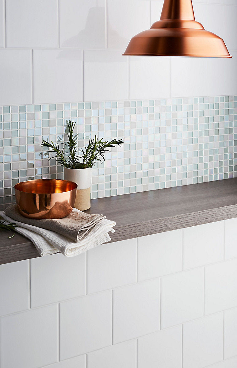 Parmia White Polished Gloss Glass & marble Mosaic tile, (L)300mm (W)300mm