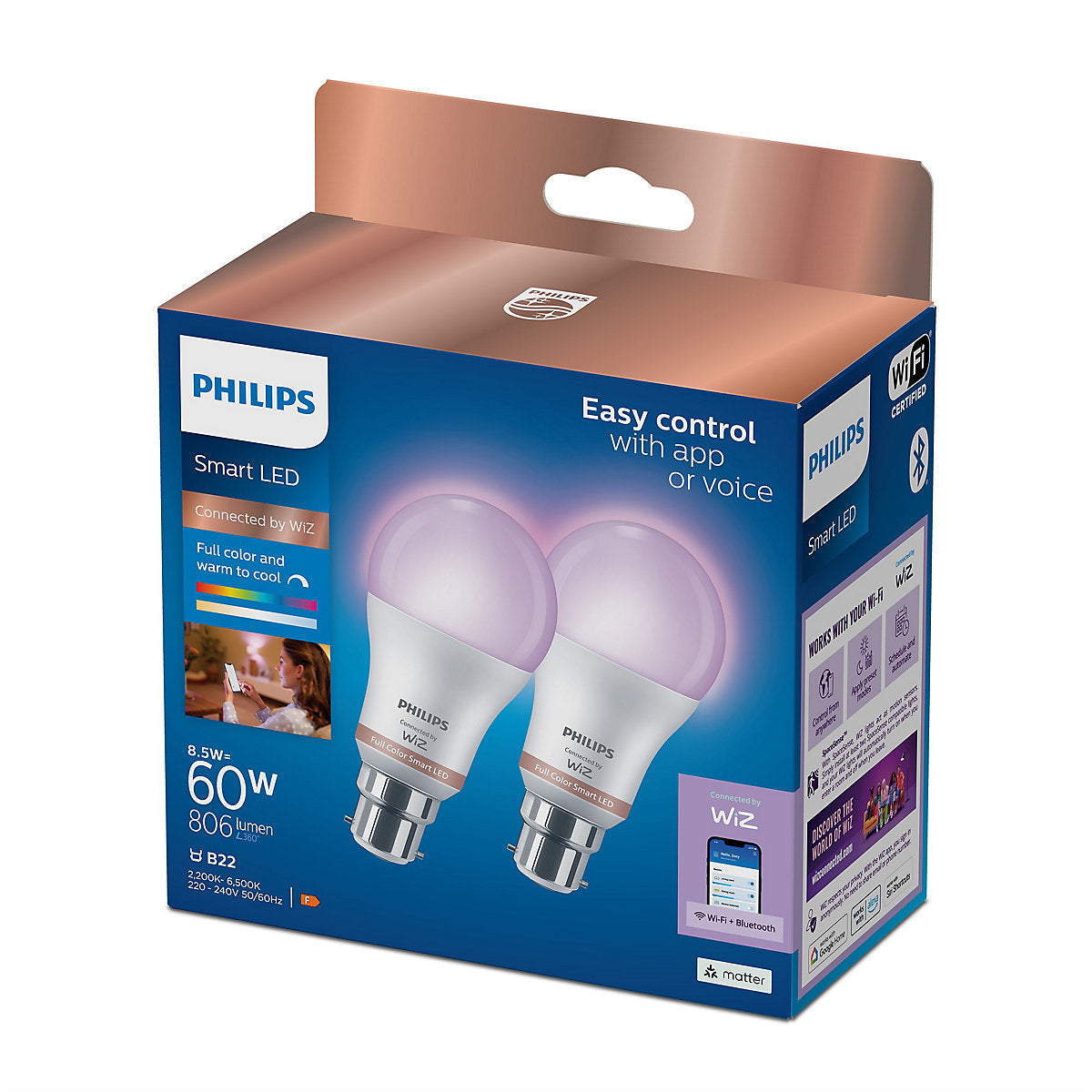 Philips B22 LED RGB & tunable white A60 Dimmable Smart bulb Pack of 2