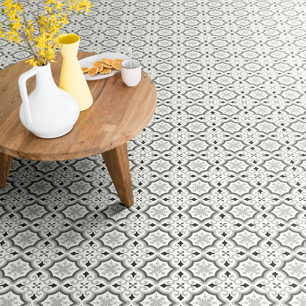 Precut Grey & white Contemporary Patterned Tile effect Sheet vinyl, 6m²