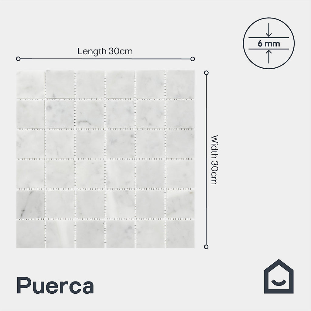 Puerca White Polished Gloss Marble effect Square Marble Mosaic tile, (L)300mm (W)300mm