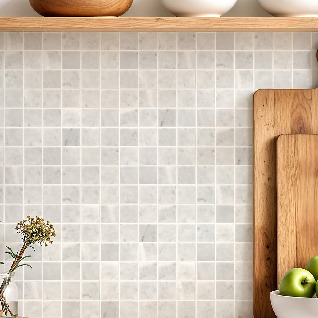 Puerca White Polished Gloss Marble effect Square Marble Mosaic tile, (L)300mm (W)300mm