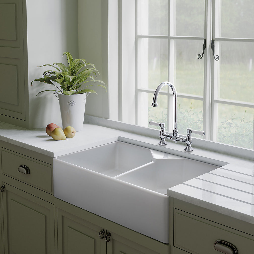 Rangemaster Farmhouse White Ceramic 2 Bowl Kitchen sink 491mm x 793mm