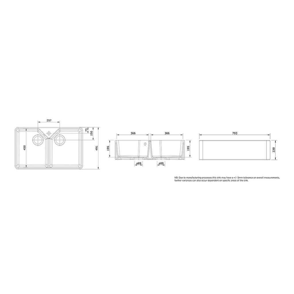 Rangemaster Farmhouse White Ceramic 2 Bowl Kitchen sink 491mm x 793mm
