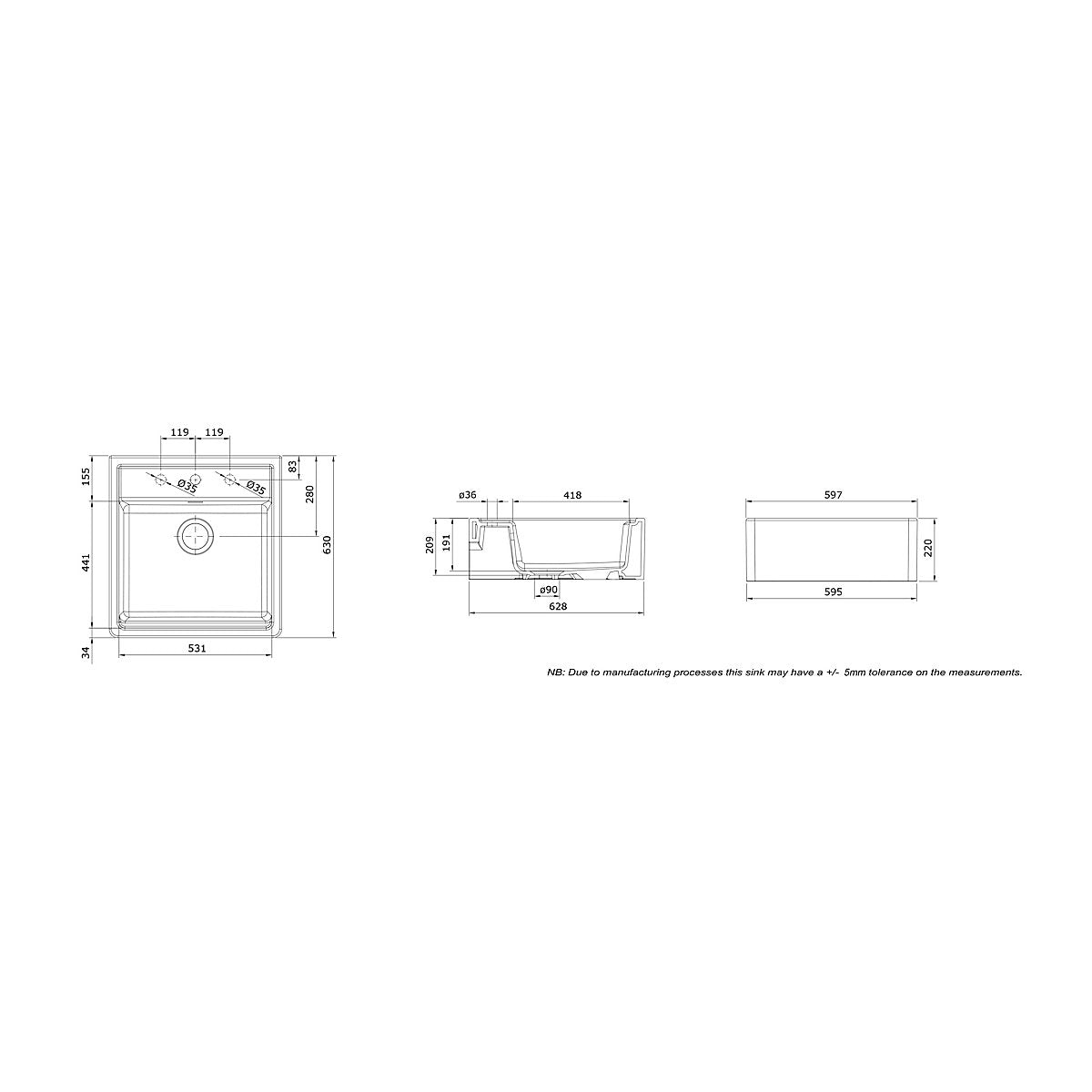 Rangemaster Sandwood White Ceramic 1 Bowl Kitchen sink 630mm x 597mm