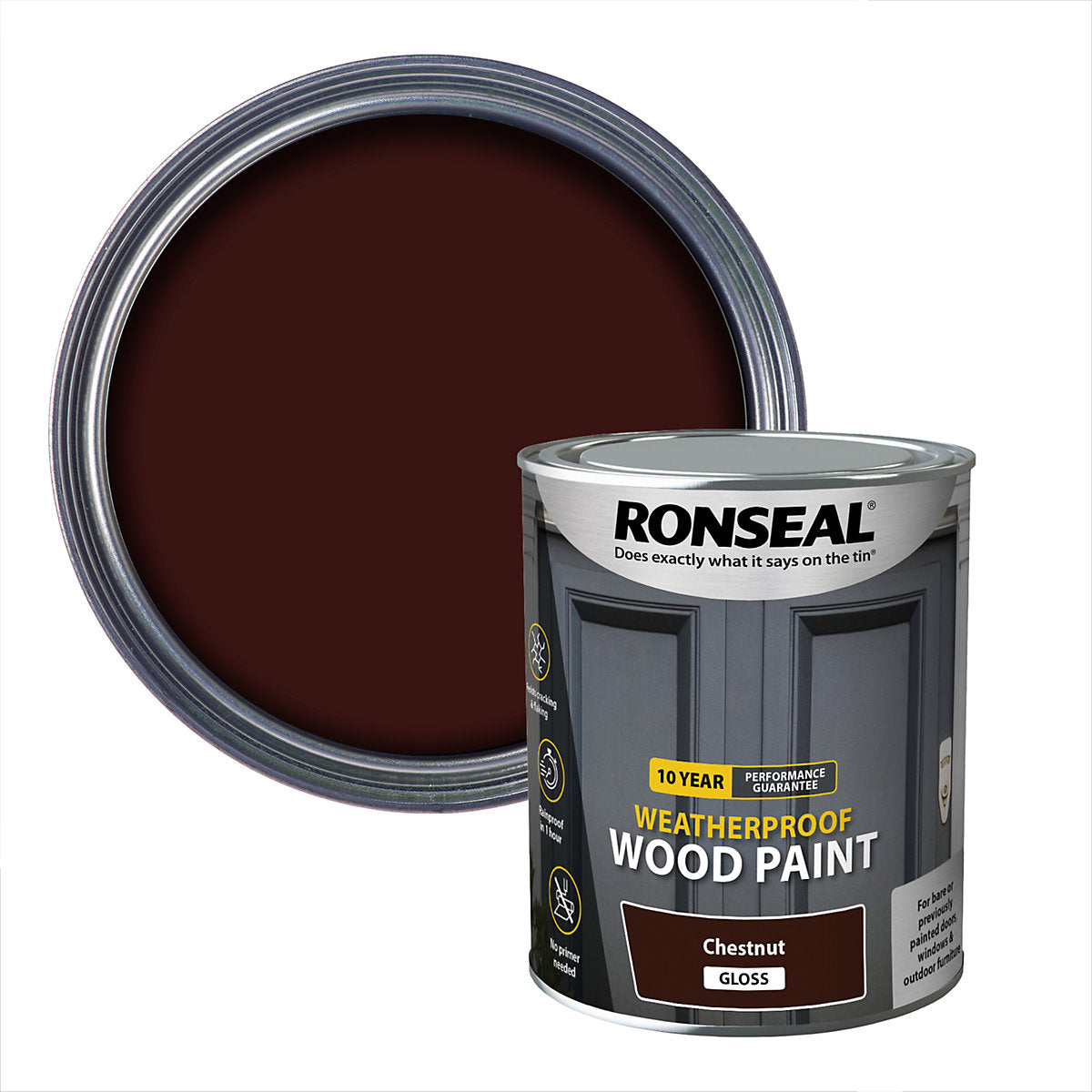 Ronseal 10 Year Weatherproof Wood Paint Chestnut Gloss Deep base Exterior Doors & windows Protector Wood paint, 750ml Tin