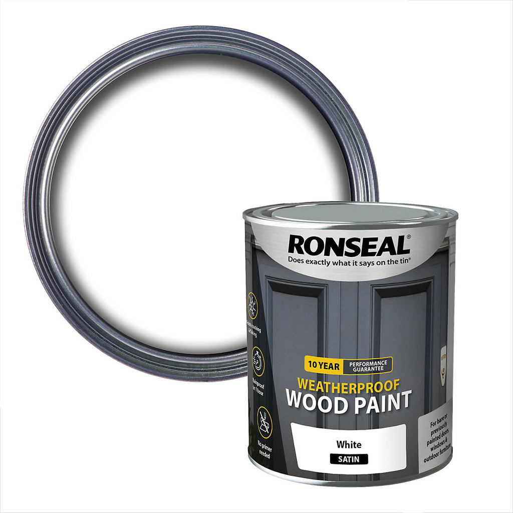 Ronseal 10 Year Weatherproof Wood Paint White Satin Deep base Exterior Doors & windows Protector Wood paint, 750ml Tin