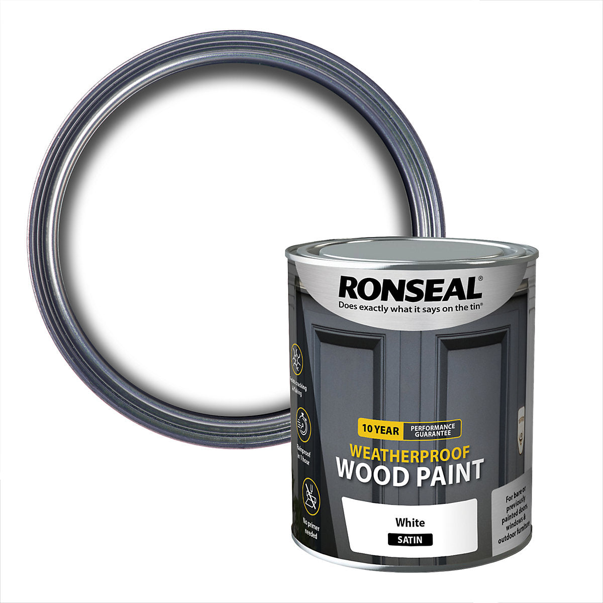 Ronseal 10 Year Weatherproof Wood Paint White Satin Deep base Exterior Doors & windows Protector Wood paint, 750ml Tin