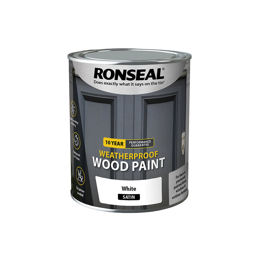 Ronseal 10 Year Weatherproof Wood Paint White Satin Deep base Exterior Doors & windows Protector Wood paint, 750ml Tin
