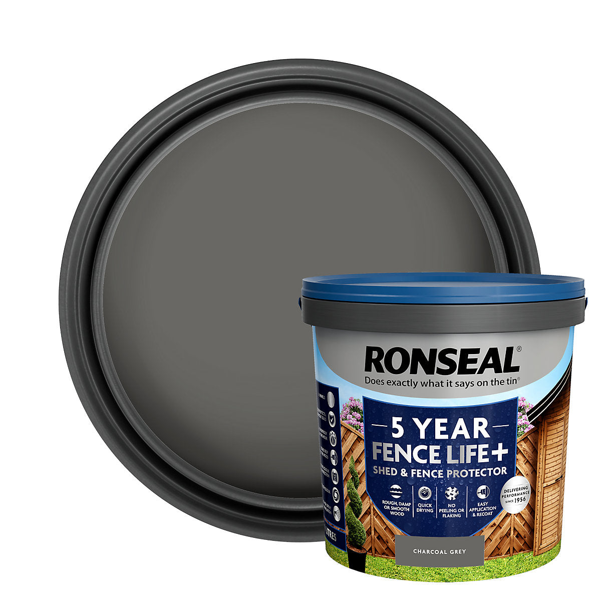 Ronseal 5 Year Fence Life+ Charcoal grey Matt Exterior Shed & fence Protector Wood paint, 9L Tub