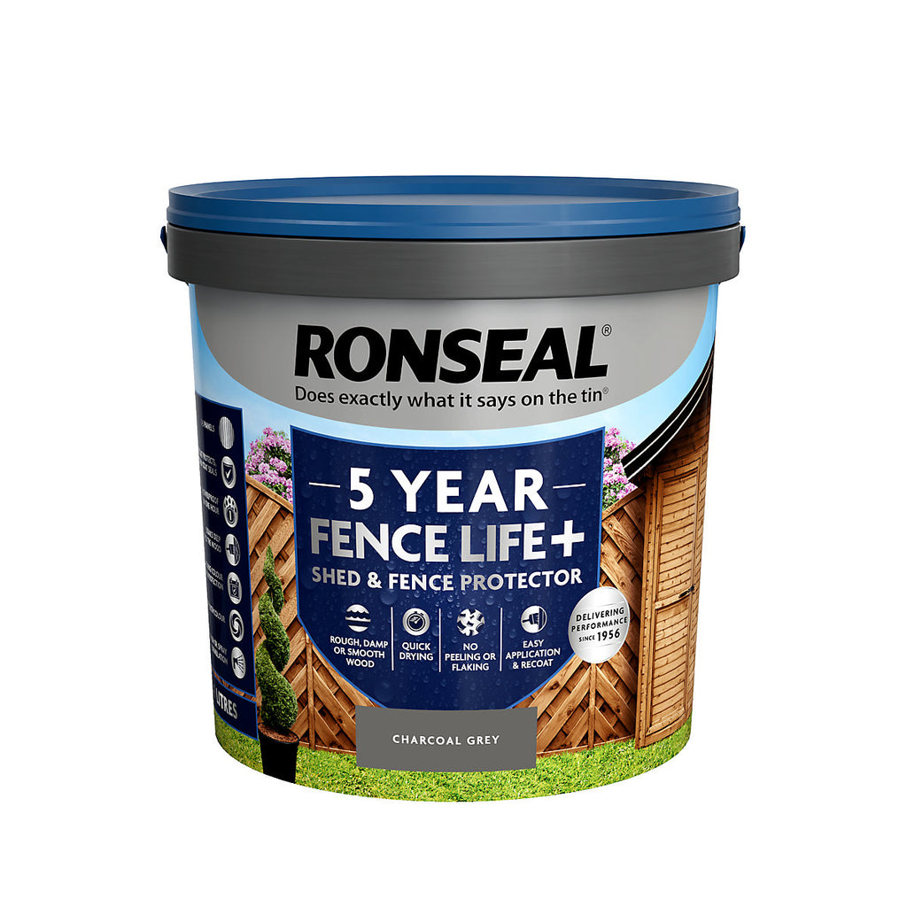Ronseal 5 Year Fence Life+ Charcoal grey Matt Exterior Shed & fence Protector Wood paint, 9L Tub